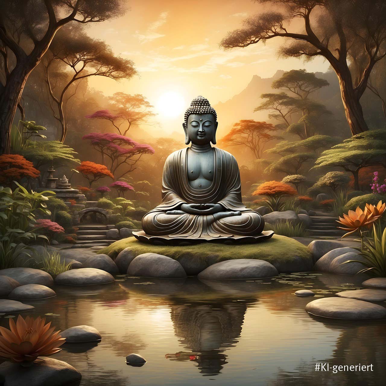 Buddha Statue auf Steininsel vor Teich mit Bäumen und Blumen