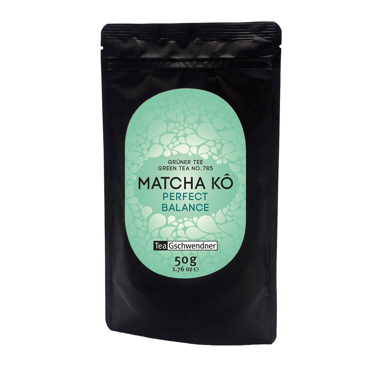 Schwarzer 50-g-Beutel Japan Matcha Kô Perfect Balance von TeaGschwendner, ausgewogener grüner Matcha für puren Genuss, Matcha Latte und Desserts