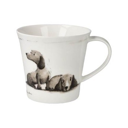 Weiße Porzellantasse mit Henkel und Illustration von zwei Hunden auf der Vorderseite