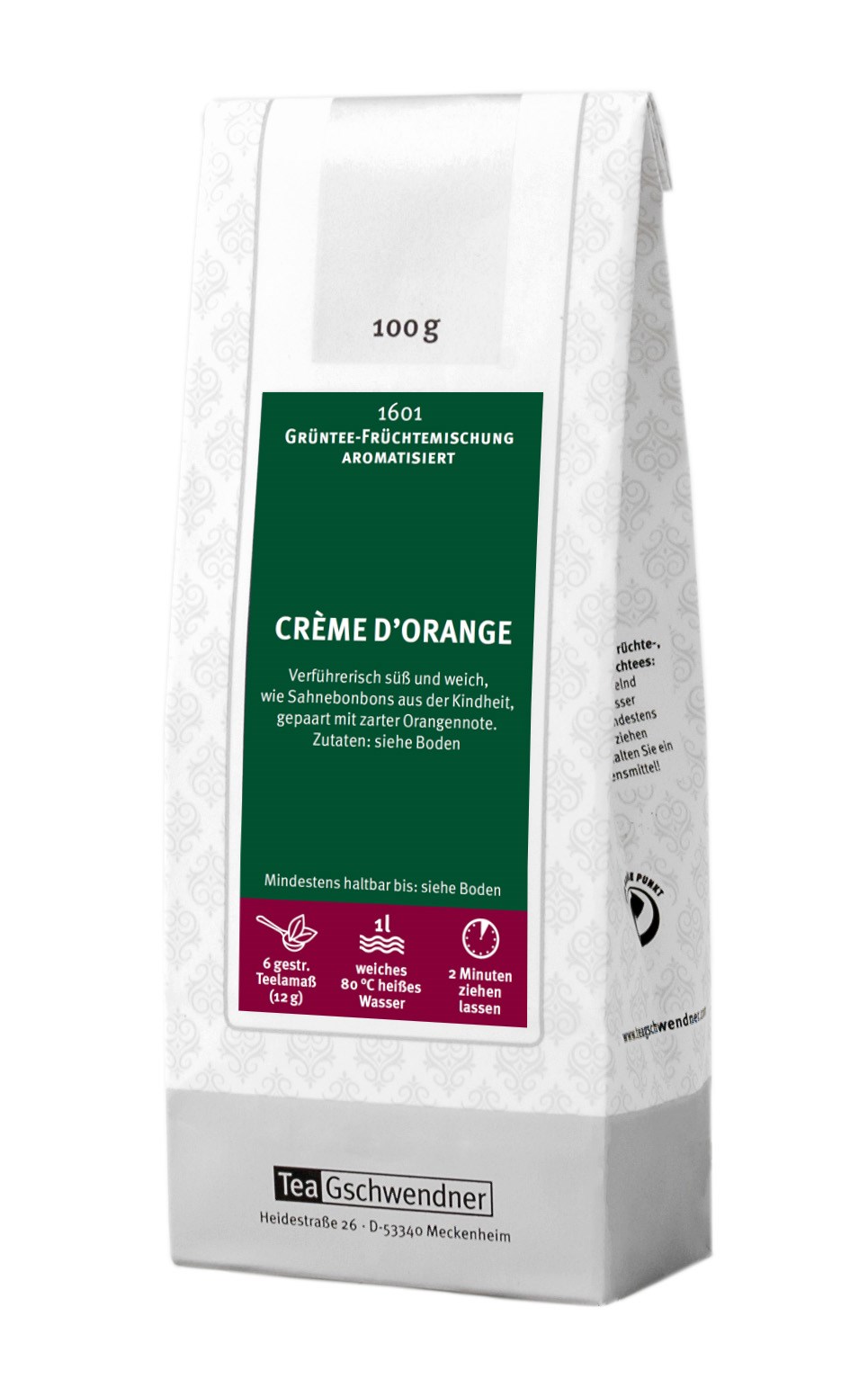 Packung TeaGschwendner Grüntee Crème d’Orange 100 g