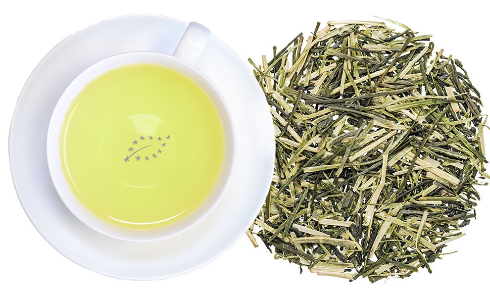 Weiße Tasse mit aufgebrühtem Kukicha-Grüntee