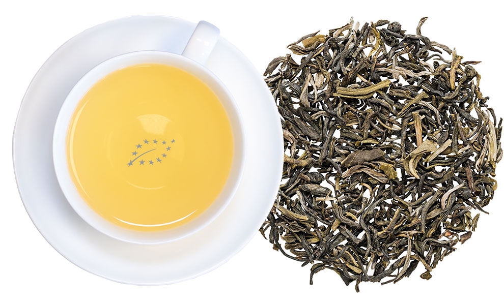 Weiße Tasse grüner Tee neben losem Blatttee