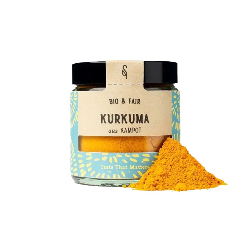 Glas Kurkuma Kampot gemahlen Bio 60 g von SoulSpice mit leuchtend gelbem Kurkumapulver vor weißem Hintergrund