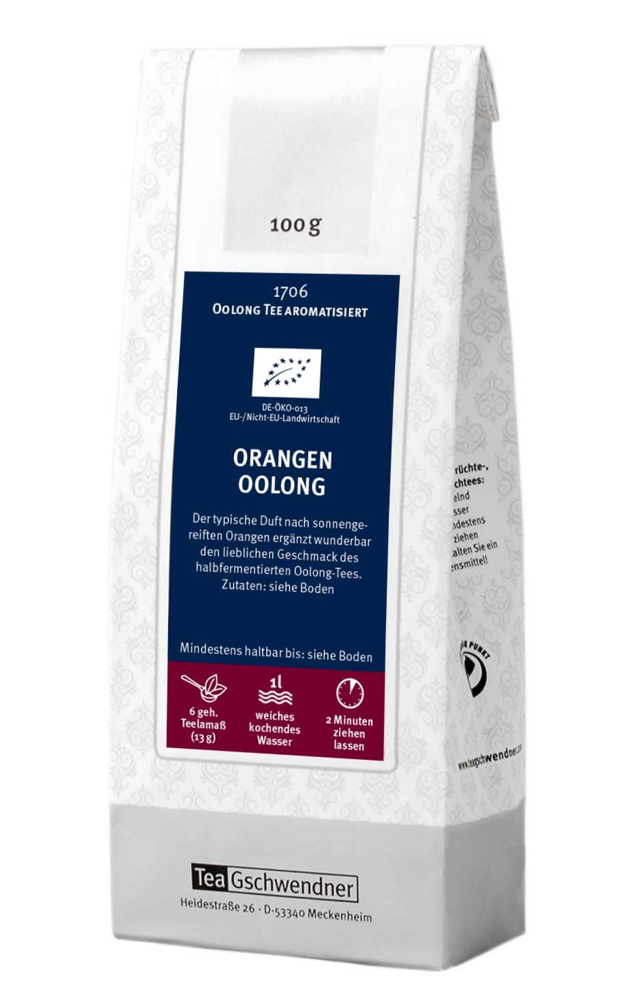 Weiße 100g-Packung TeaGschwendner Orangen Oolong Tee