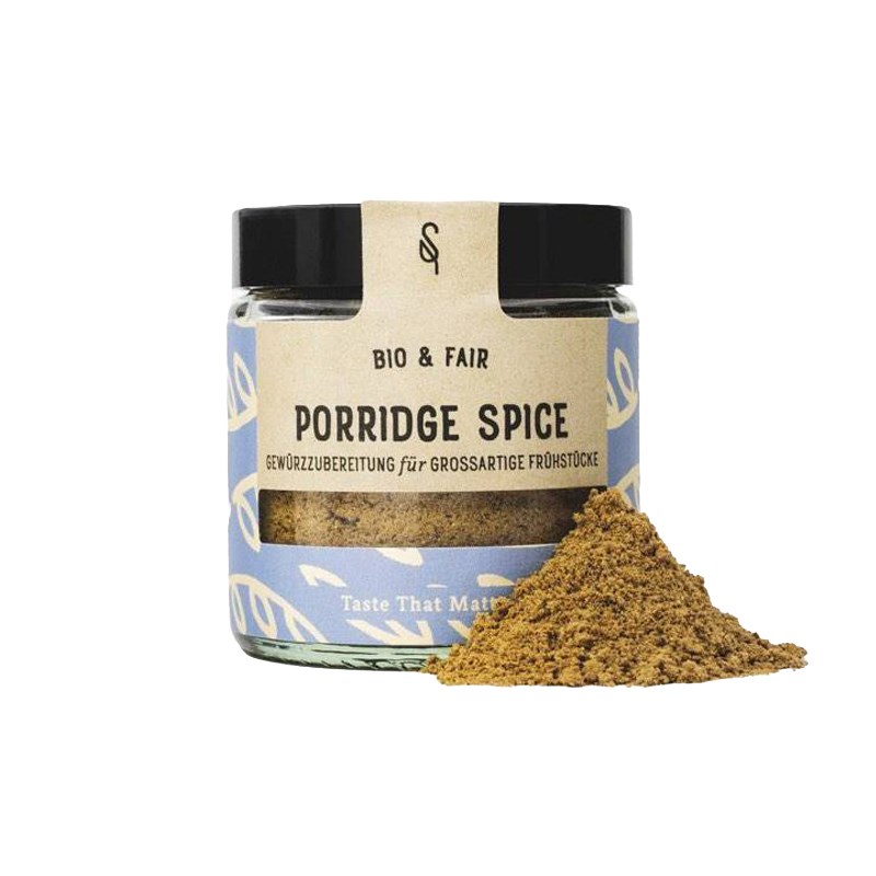 Glas von SoulSpice Porridge Spice Bio 55 g mit gemahlenem Frühstücksgewürz vor weißem Hintergrund, ideal für Porridge, Joghurt, Früchte und Desserts.