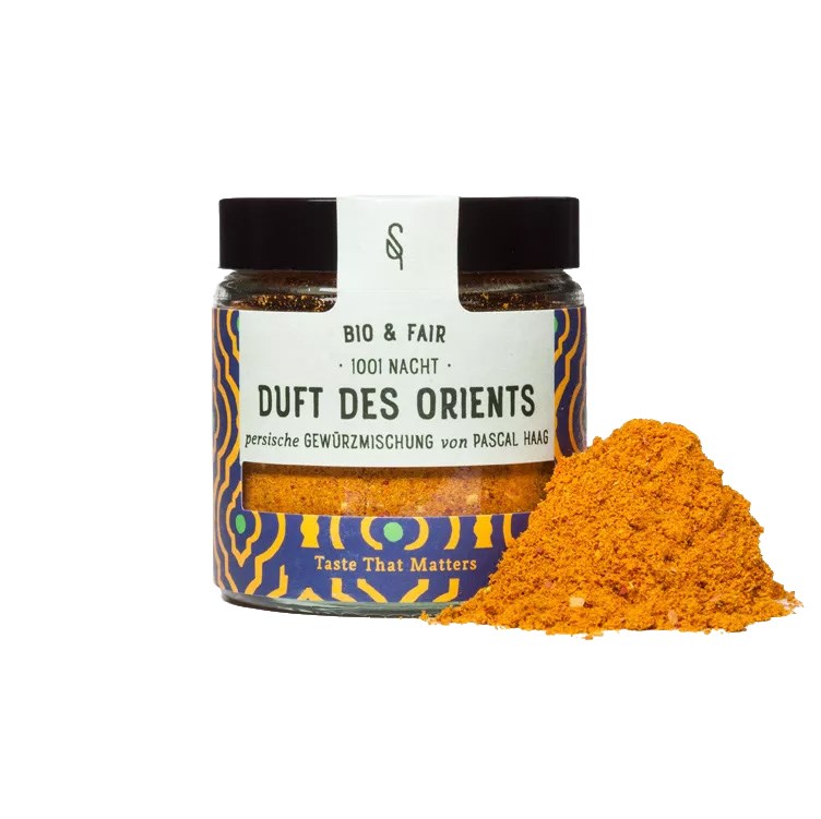 SoulSpice Duft des Orients Bio 45 g – persische Gewürzmischung im Glas mit orangefarbenem Gewürzpulver, ideal für vegetarische Reis- und Linsengerichte