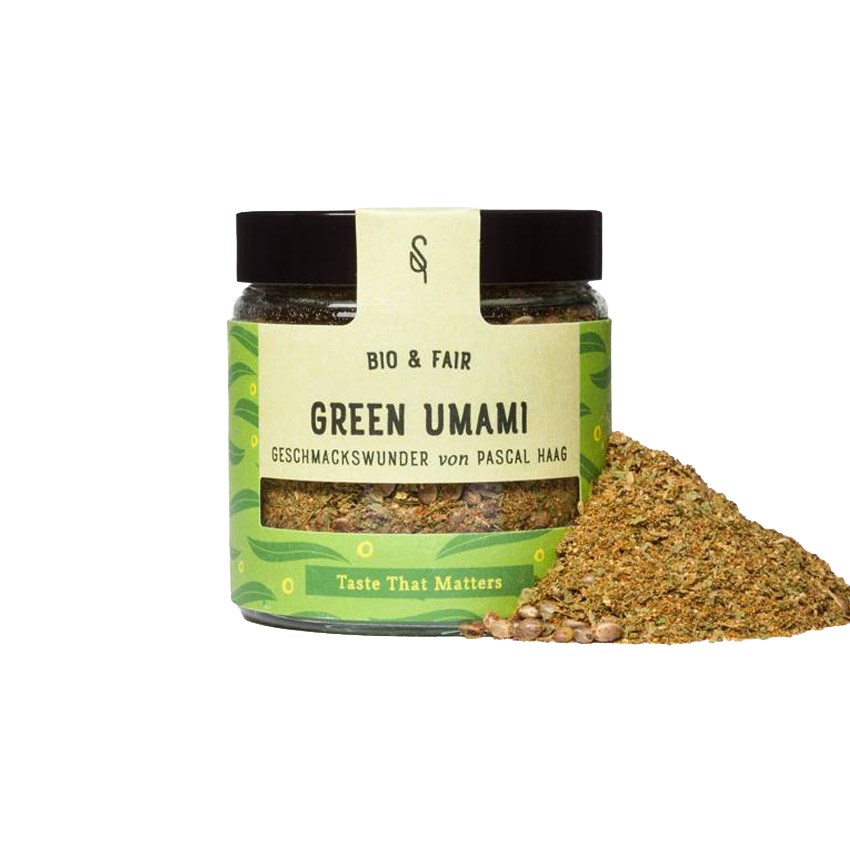 Green Umami Bio 42 g von SoulSpice im Glas, natürliche Bio-Umami-Gewürzmischung mit Kräutern, Gewürzen und Hanf