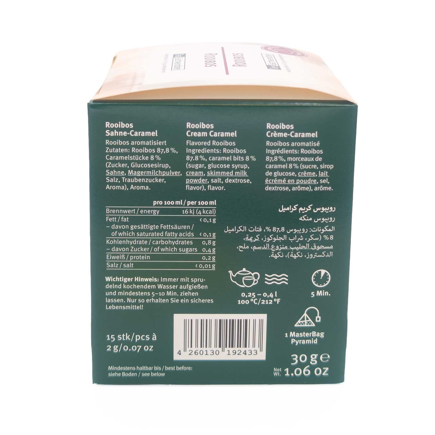 Packung Rooibos Sahne-Karamell Tee Rückseite