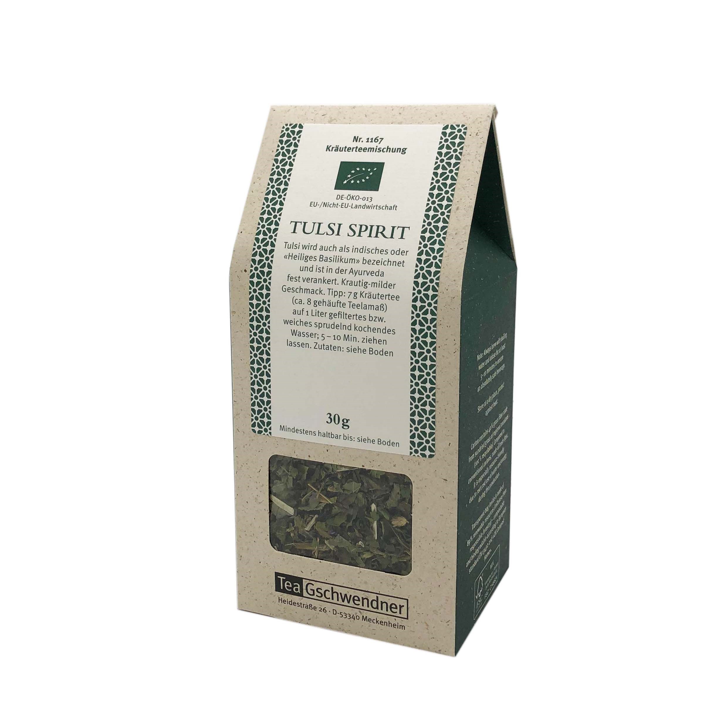Packung TeaGschwendner Tulsi Spirit Kräutertee 30g