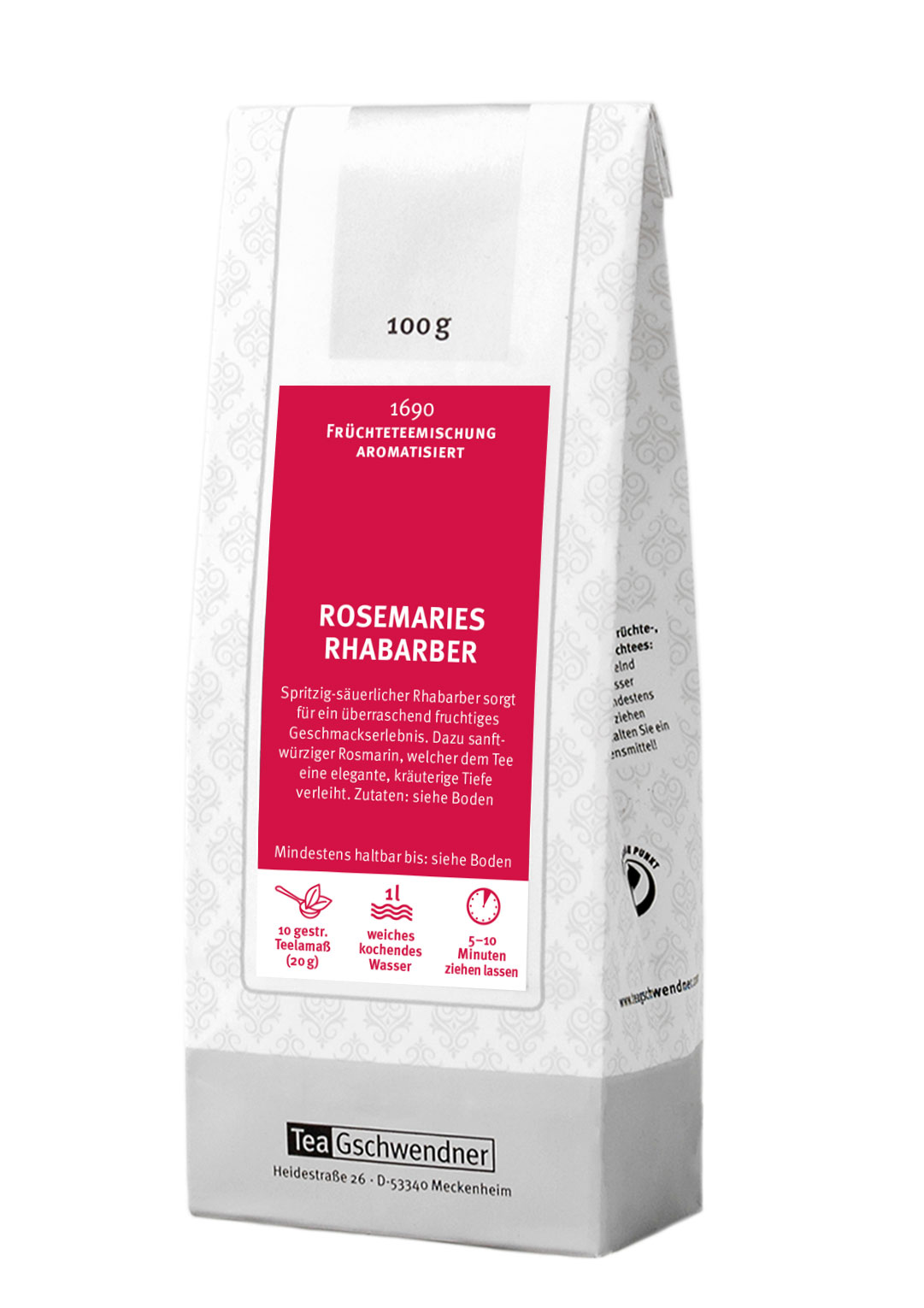Weiße 100 g Teepackung TeaGschwendner Rosemaries Rhabarber, aromatisierte Früchteteemischung mit Rhabarber und Rosmarin