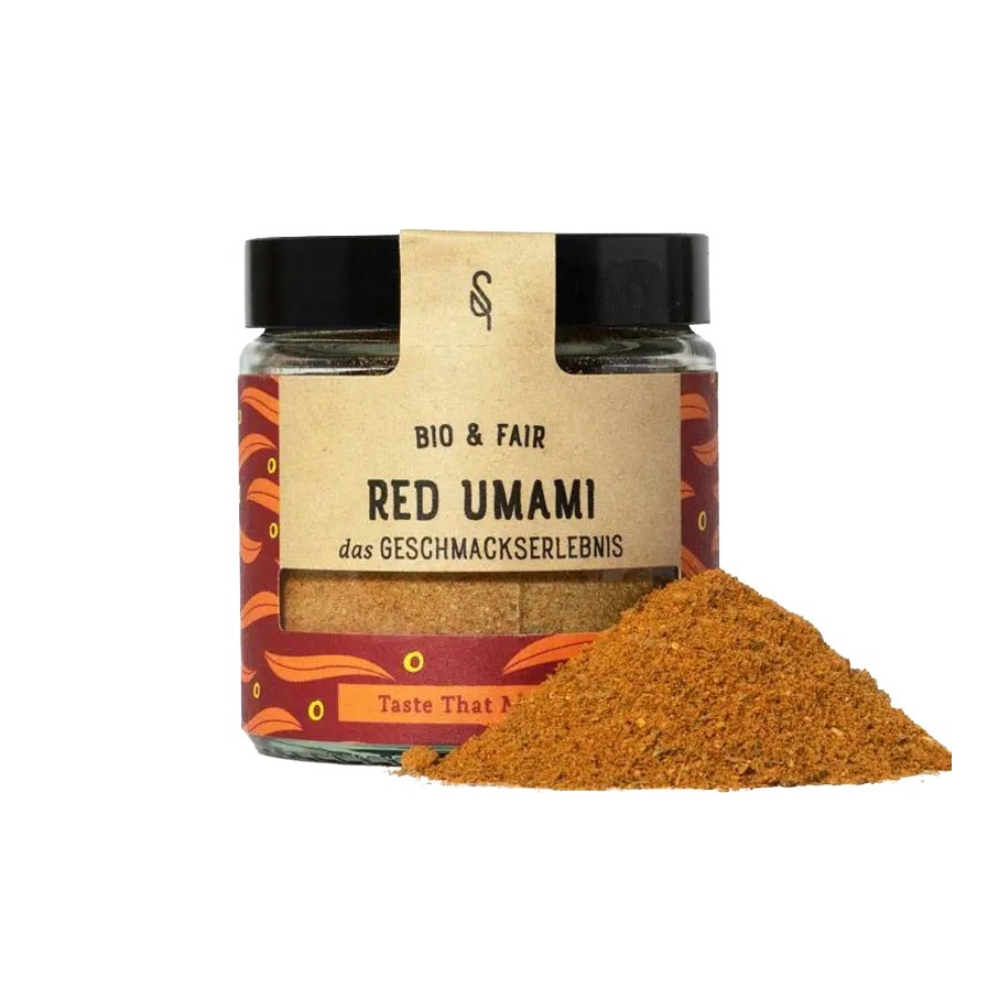 Glas Red Umami Bio 50 g von SoulSpice mit aufgeschütteter Umami-Gewürzmischung aus Tomate, Steinpilz und Shiitake