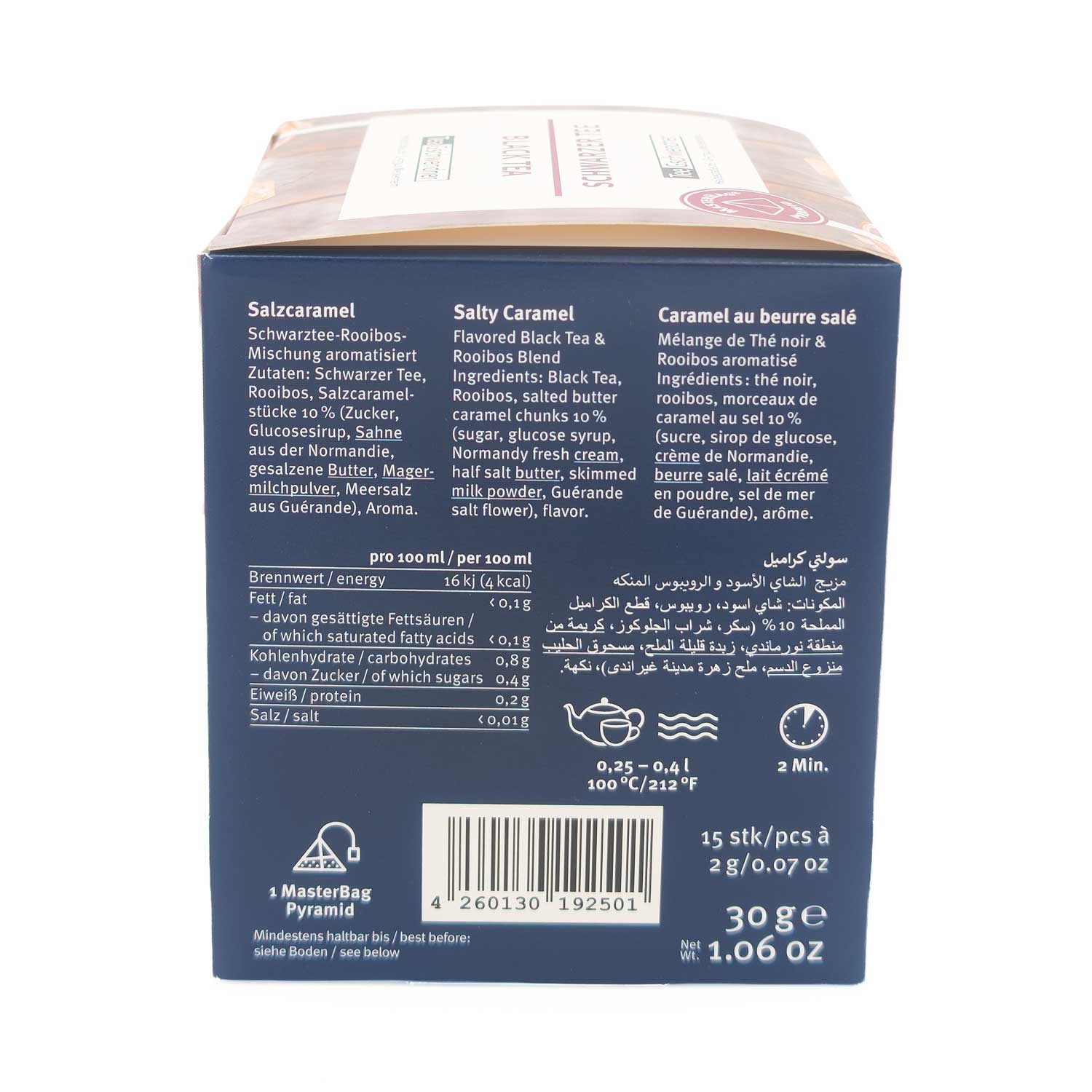 Rückseite Salzcaramel Schwarztee-Rooibos mit Zutaten