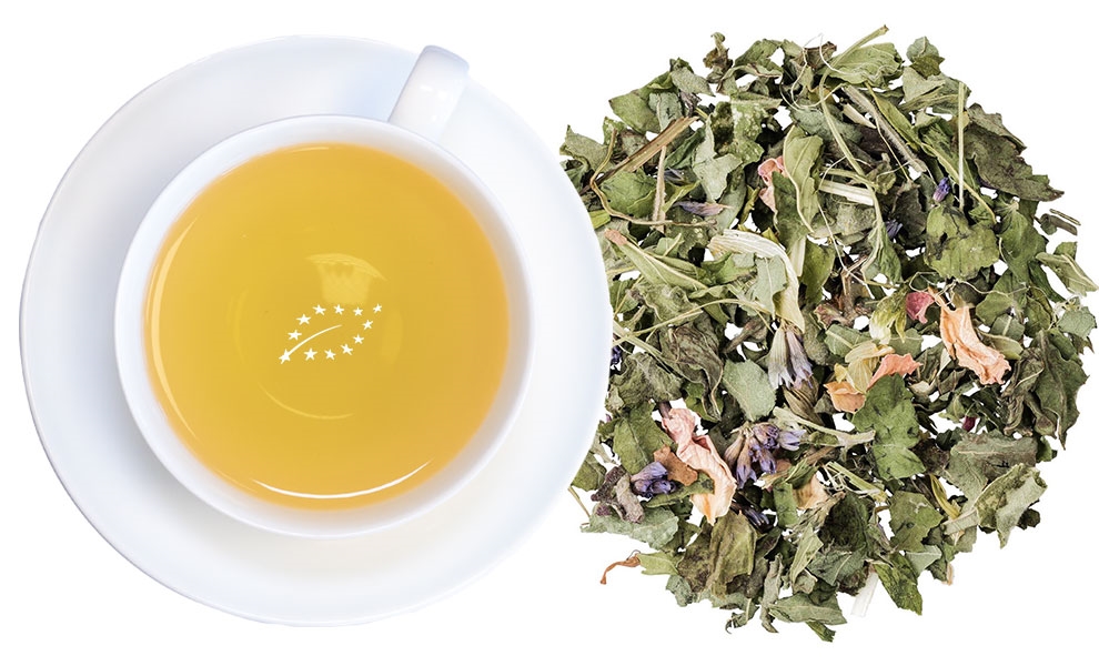 Tasse aufgebrühter Chillma® Bio Kräutertee neben der losen, krautig-süßlichen Teemischung mit Melisse, Hanf und Hopfen