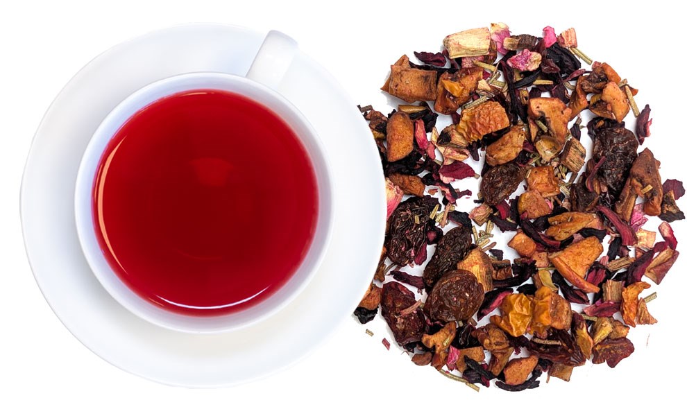 Weiße 100-g-Teepackung Tea Gschwendner Rosemaries Rhabarber, aromatisierte Früchteteemischung mit Rhabarber und Rosmarin